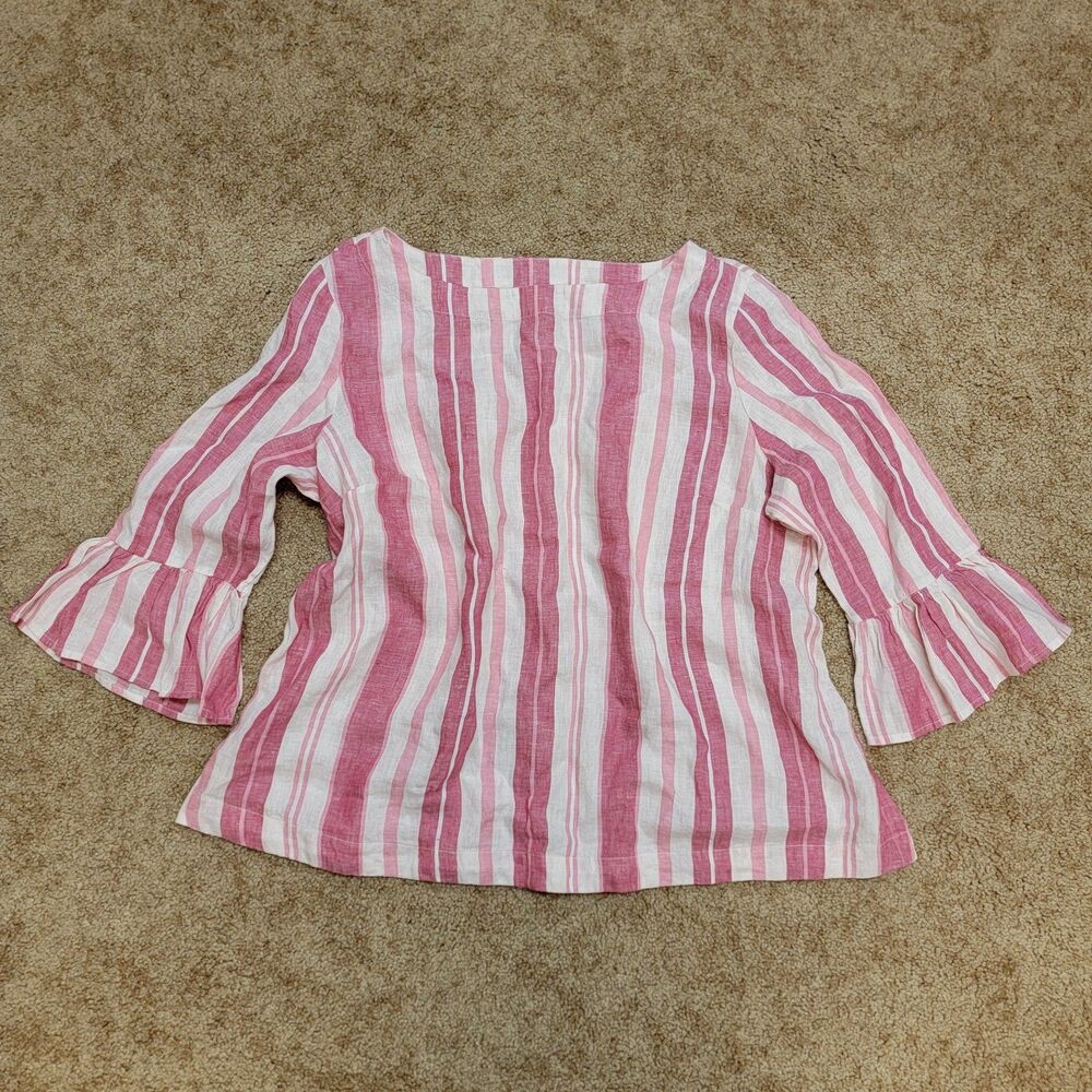Charter Club XXL Linen Pink White Stripe Top Shirt 3/4 Bell Sleeves Blouse Happy